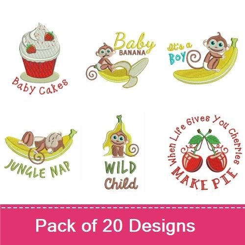 Desserts & Jungle Animals Embroidery Designs Bundle – Cherries with Pie Phrase, Cupcake with Text, Baby Bananas & More (20 Designs)