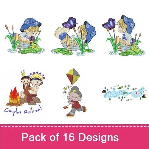 Whimsical Childhood Moments Embroidery Designs Bundle – Child with Frog, Fishing Boy, Campfire Scene & More (16 Designs)