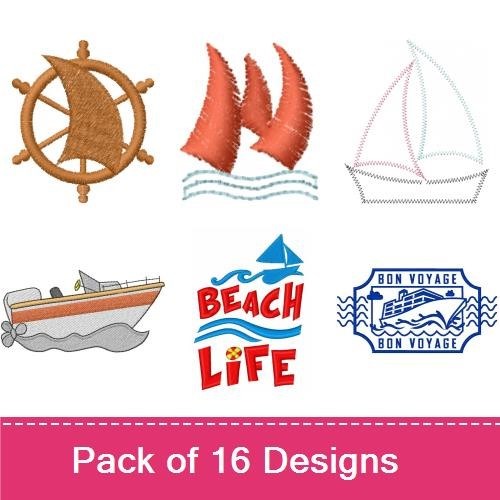 Nautical Adventures Embroidery Designs Bundle – Frog with Canoe, Sailboat, Submarine & More (16 Designs)