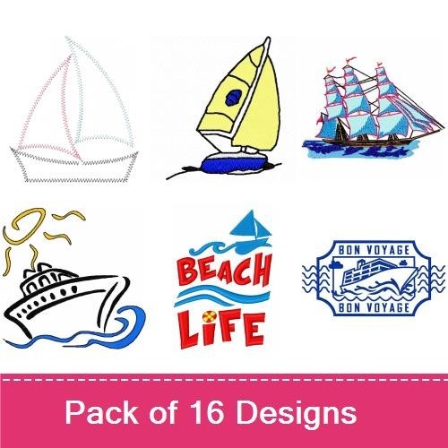 Nautical Sailing Embroidery Designs Bundle – SOS Help Us Boat, Sailboat, Tall Ship & More (16 Designs)