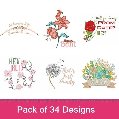 Floral Sentiments Embroidery Designs Bundle – Sisters for Life, You are a Precious Treasure, Rose Design & More (34 Designs)