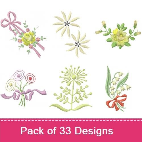 Floral Embroidery Designs Bundle – Pansy Bouquet, Blue Flower Cluster, Decorative Floral Motif & More (33 Designs)