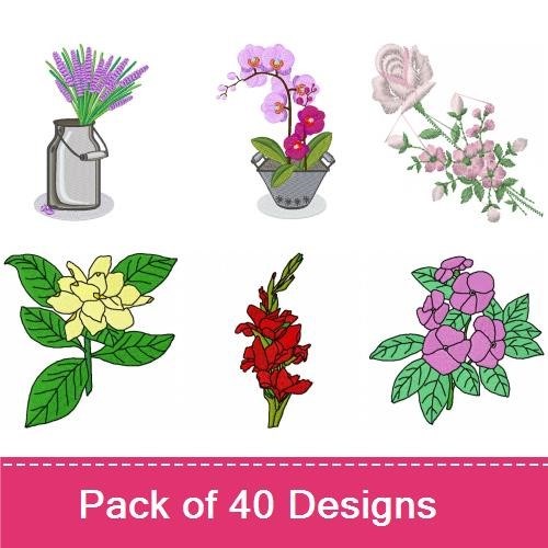Floral-themed Embroidery Designs Bundle – Floral Basket, Potted Orchid, Flower Bouquet & More (40 Designs)