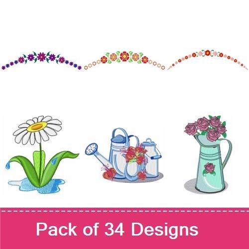 Floral Embroidery Designs Bundle – Floral Bowl, Flower Bouquet in Vase, Single Tulip & More (34 Designs)