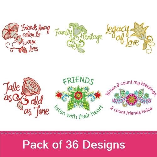Floral Sentiments Embroidery Designs Bundle – Friends are our chosen family, Family Heritage, Rose & More (36 Designs)