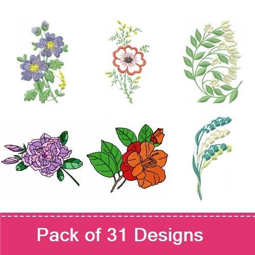 Floral Embroidery Designs Bundle – Floral Border, Petunia Bouquet, Pink Rose with Leaves & More (31 Designs)