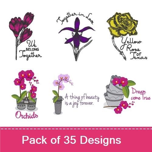 Floral Embroidery Designs Bundle – Elegant Floral Design, Rose with Leaves, Yellow Rose with Text & More (35 Designs)