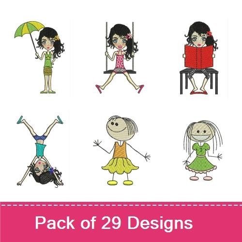 Cute Girls and Playful Kids Embroidery Designs Bundle – Ballet Girl, Girl with Umbrella, Girl Reading Book & More (29 Designs)