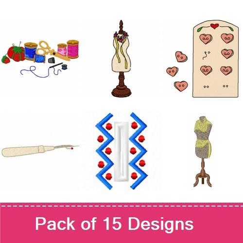 Sewing Essentials Embroidery Designs Bundle – Dress Form with Roses, Scissors, Sewing Buttons & More (15 Designs)