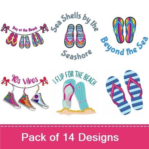 Summer Footwear Embroidery Designs Bundle – Rainbow Flip Flops, Beyond the Sea, Sea Shells & More (14 Designs)