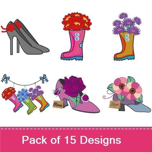 Floral Vintage Boots Embroidery Designs Bundle – Colorful Floral Rain Boots, High Heels with Flowers & More (15 Designs)