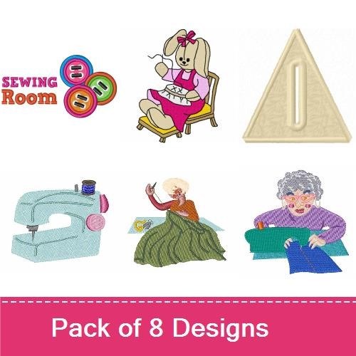 Sewing & Crafting Embroidery Designs Bundle – Sewing Machine, Sewing Bunny, Sewing Room Sign & More (8 Designs)