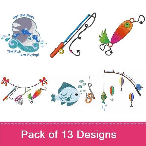 Fishing Themed Embroidery Designs Bundle – Fishing Rod, Good Catch, Colorful Fish & More (13 Designs)
