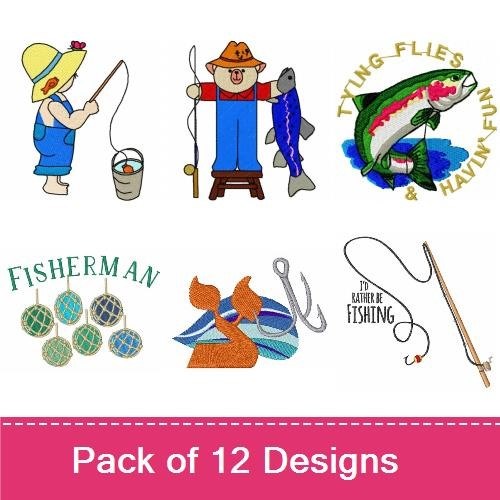 Fishing Theme Embroidery Designs Bundle – Fishing Rod, Fisherman, Fish & More (12 Designs)