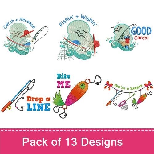 Fishing Fun Embroidery Designs Bundle – You're a Keeper, Catch & Release, Fishin' & Wishing & More (13 Designs)
