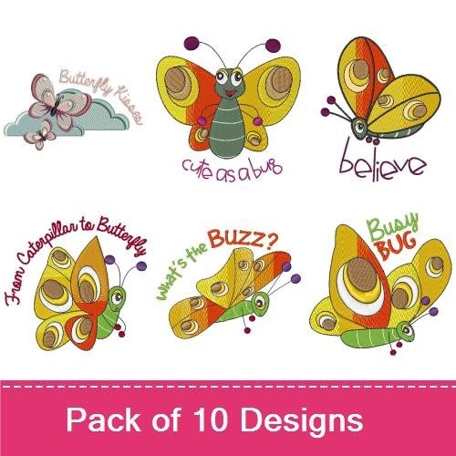 Cheerful Butterflies & Bugs Embroidery Designs Bundle – Cute As A Bug Butterfly, Buzzing Bug, Social Butterfly & More (10 Designs)