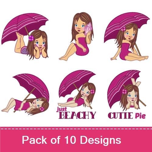 Cute Beach Girls Embroidery Designs Bundle – Beach Girl with Umbrella, Just Peachy, Cutie Pie & More (10 Designs)