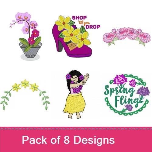 Spring Floral Embroidery Designs Bundle – Orchid Flower Pot, Flower High Heel, Girl with Flowers & More (8 Designs)