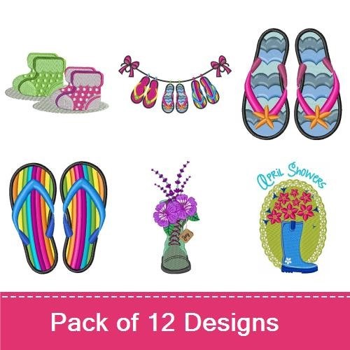 Spring Footwear Embroidery Designs Bundle – Floral Boot, Green Rainboot, Blue Flowered Clogs & More (12 Designs)