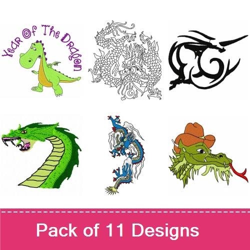 Friendly & Fierce Dragons Embroidery Bundle – Friendly Green Dragon, Fire Breather Dragon, Cute Dragon Character & More (11 Designs)