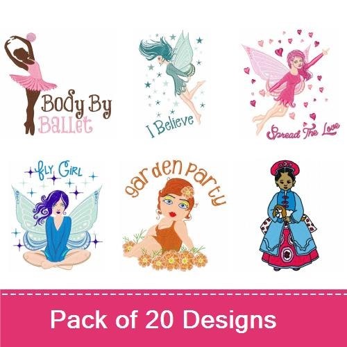 Princess & Fairy Embroidery Designs Bundle – Princess with Wand, Ballet Dancer, Crowned Fairy & More (20 Designs)