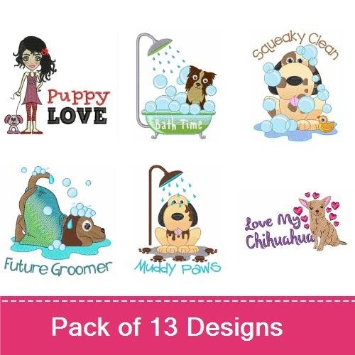 Dog Grooming Embroidery Bundle – Bath Time & Puppy Love (13 Designs)