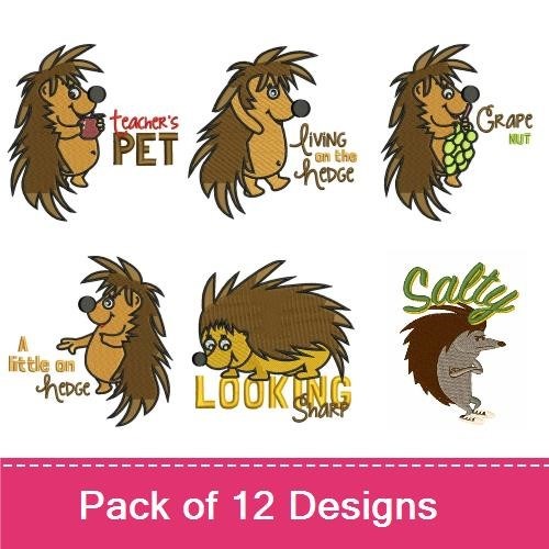 Cute Hedgehog Embroidery Designs Bundle – Hedgehog with Coffee, Teacher's Pet Hedgehog, Watermelon Hedgehog & More (12 Designs)