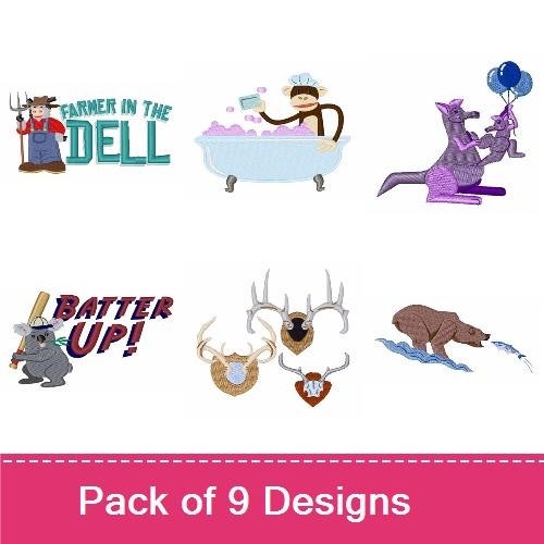 Cute Animal Embroidery Designs Bundle – Sleeping Koala, Farmer, Playful Monkey & More (9 Designs)