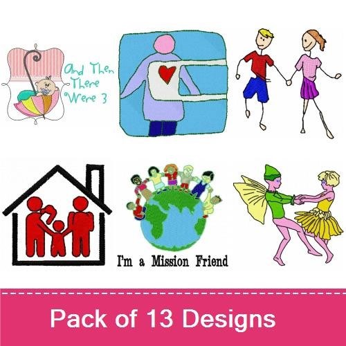 Children & Family Embroidery Designs Bundle – Boy in Canoe, Girl with Flower Basket, Family Holding Hearts & More (13 Designs)