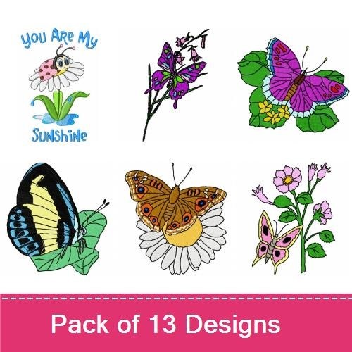 Cute Bugs & Butterflies Embroidery Designs Bundle – Ladybug on Flower, Butterfly on Flower, Bee with Flower & More (13 Designs)