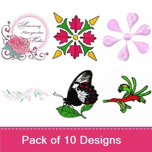 Floral and Butterfly Embroidery Designs Bundle – Rose, Cowboy Boot, Decorative Butterfly & More (10 Designs)