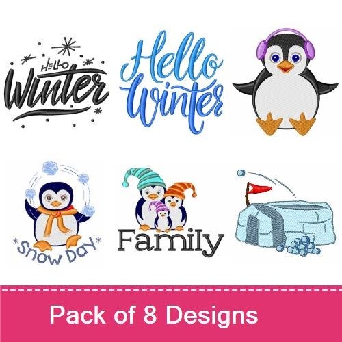 Penguin Winter Embroidery Designs Bundle – Winter Penguin, Family Penguin, Hello Winter & More (8 Designs)