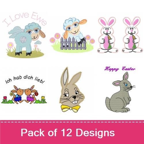 Easter Bunny & Sheep Embroidery Designs Bundle – I Love Ewe, Happy Easter Bunny, Bunny with Carrots & More (12 Designs)