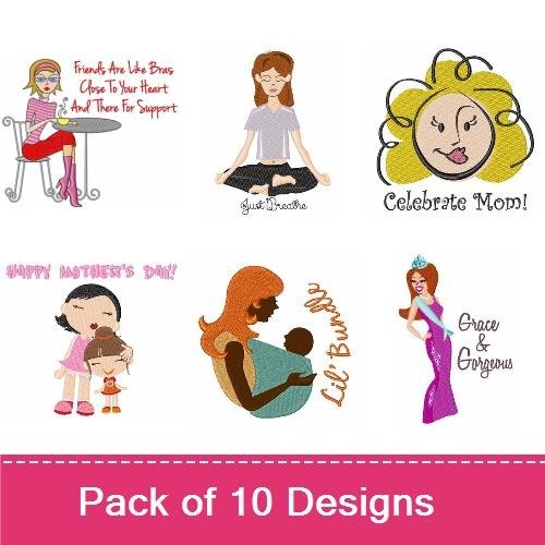 Motherhood and Feminine Silhouettes Embroidery Designs Bundle – Ice Princess, Celebrate Mom, Stylish Woman & More (10 Designs)
