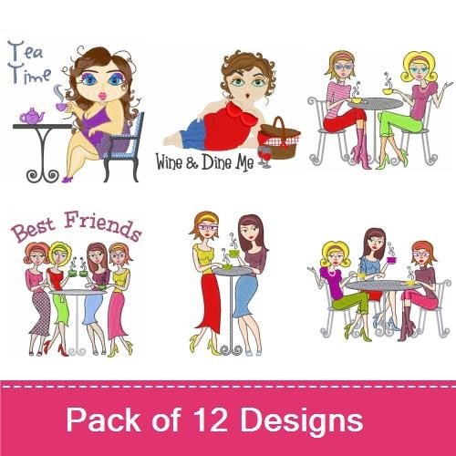 Chic Women Enjoying Tea & Wine Embroidery Designs Bundle – Tea Time, Wine & Dine Me, Best Friends & More (12 Designs)