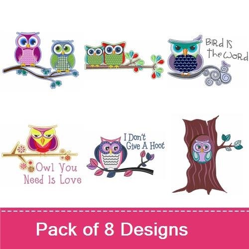 Owl Family Embroidery Designs Bundle – Wise Owl with Glasses, Hoot Owl with Heart, Colorful Owl on Branch & More (8 Designs)