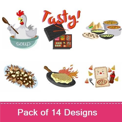 Food-themed Embroidery Designs Bundle – Chicken Soup, Pizza Slice, Chef with Grill & More (14 Designs)