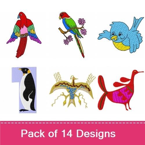 Colorful Birds Embroidery Bundle – Chicken with Chicks, Penguin, Turkey, Parrot & More (14 Designs)