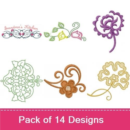 Elegant Floral Embroidery Designs Bundle – Grandmother's Garden, Flower Bouquet, Floral Swag & More (14 Designs)