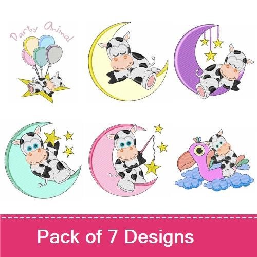 Cute Cow Embroidery Designs Bundle – Cow on Moon, Party Cow with Balloons, Cow with Stars & More (7 Designs)
