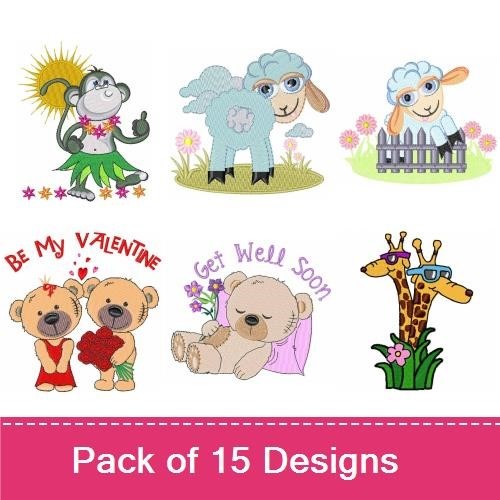 Cute Animal Friends Embroidery Designs Bundle – Bear with Flowers, Cow in Flower Pot, Mouse with Gift & More (15 Designs)