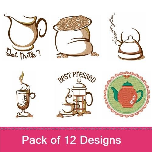 Coffee and Tea Embroidery Designs Bundle – Coffee Cup, Tea Pot, Brewed Coffee & More (11 Designs)
