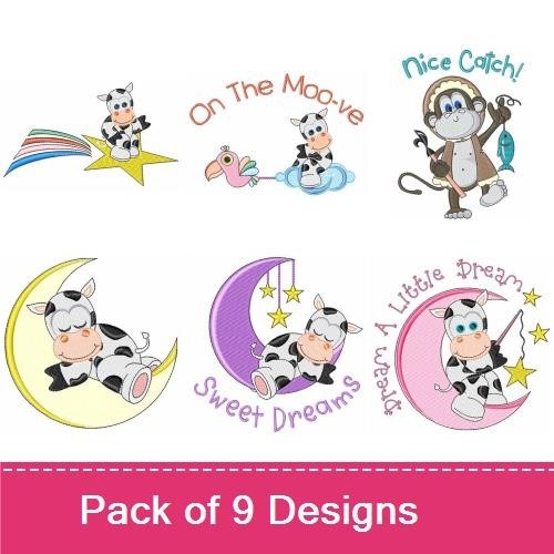 Cute Animal Dream Embroidery Bundle – Dream A Little Dream Cow, Cow on Crescent Moon, Cow with Dreamcatcher & More (9 Designs)