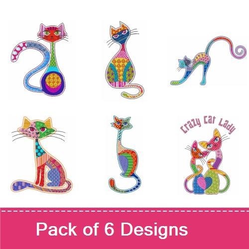 Colorful Cat Embroidery Designs Bundle – Colorful Cat Standing, Curled & Group (6 Designs)