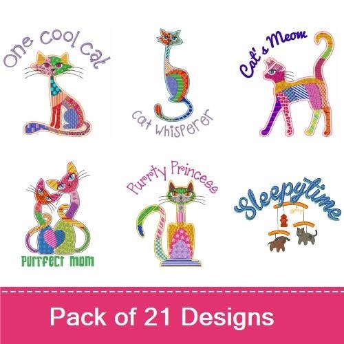Colorful Cat Embroidery Bundle – Fun Designs (21 Designs)