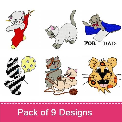 Colorful Cat Embroidery Designs Bundle – Colorful Cat Silhouette, Playful Kitten, Cat with Whiskers & More (9 Designs)