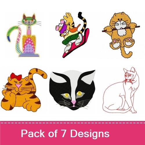 Playful Cats Embroidery Designs Bundle – Colorful Cat, Cat with Toy, Sitting Cat & More (7 Designs)