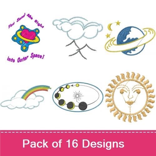 Sun & Celestial Embroidery Bundle – Sun with Rays, Shooting Star, Cloud with Sun & More (16 Designs)