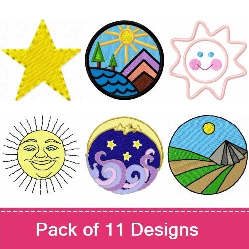 Sun & Moon Nature Embroidery Designs Bundle – Sun Icon, Moon Icon, Sunset over Mountains & More (11 Designs)