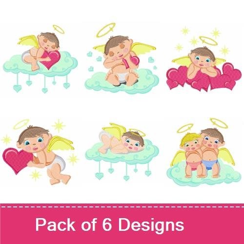 Cherub Angels Embroidery Bundle – Cherub Angel Sleeping with Heart, Cherub Angel Holding Heart, Two Cherub Angels with Hearts & More (6 Designs)